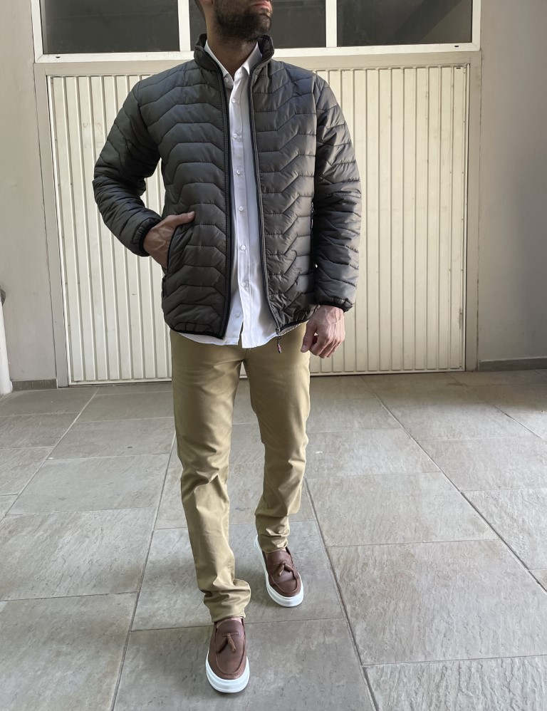 Ανδρικό χακί καπιτονέ μπουφάν με φερμουάρ BC24912X φωτογραφία